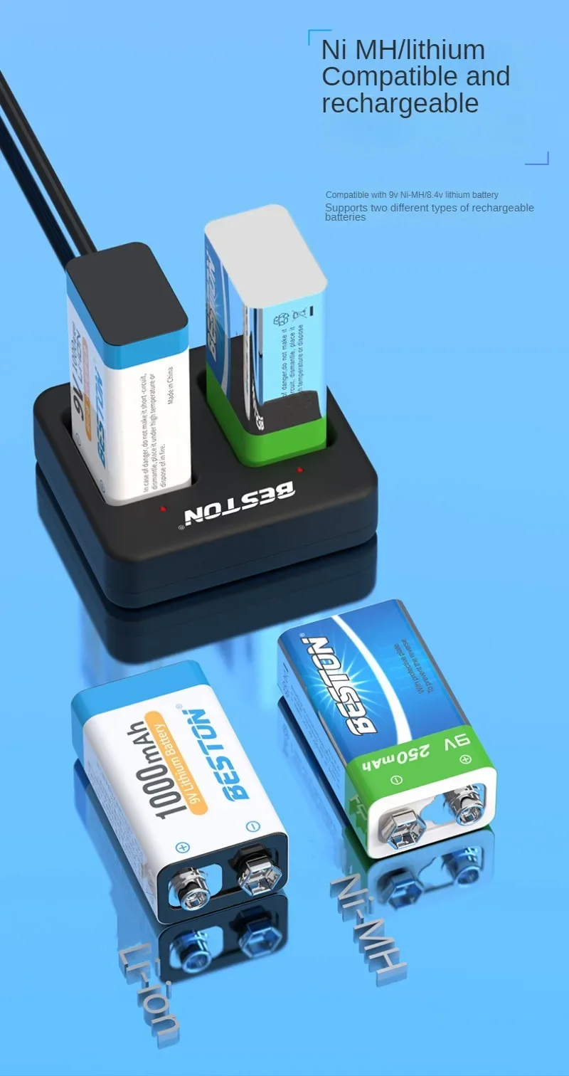 2/4-Slot Smart Fast Battery Charger Smart Fast Battery Charger with LED Indicators USB Cable for 9V Ni MH/lithium Batteries