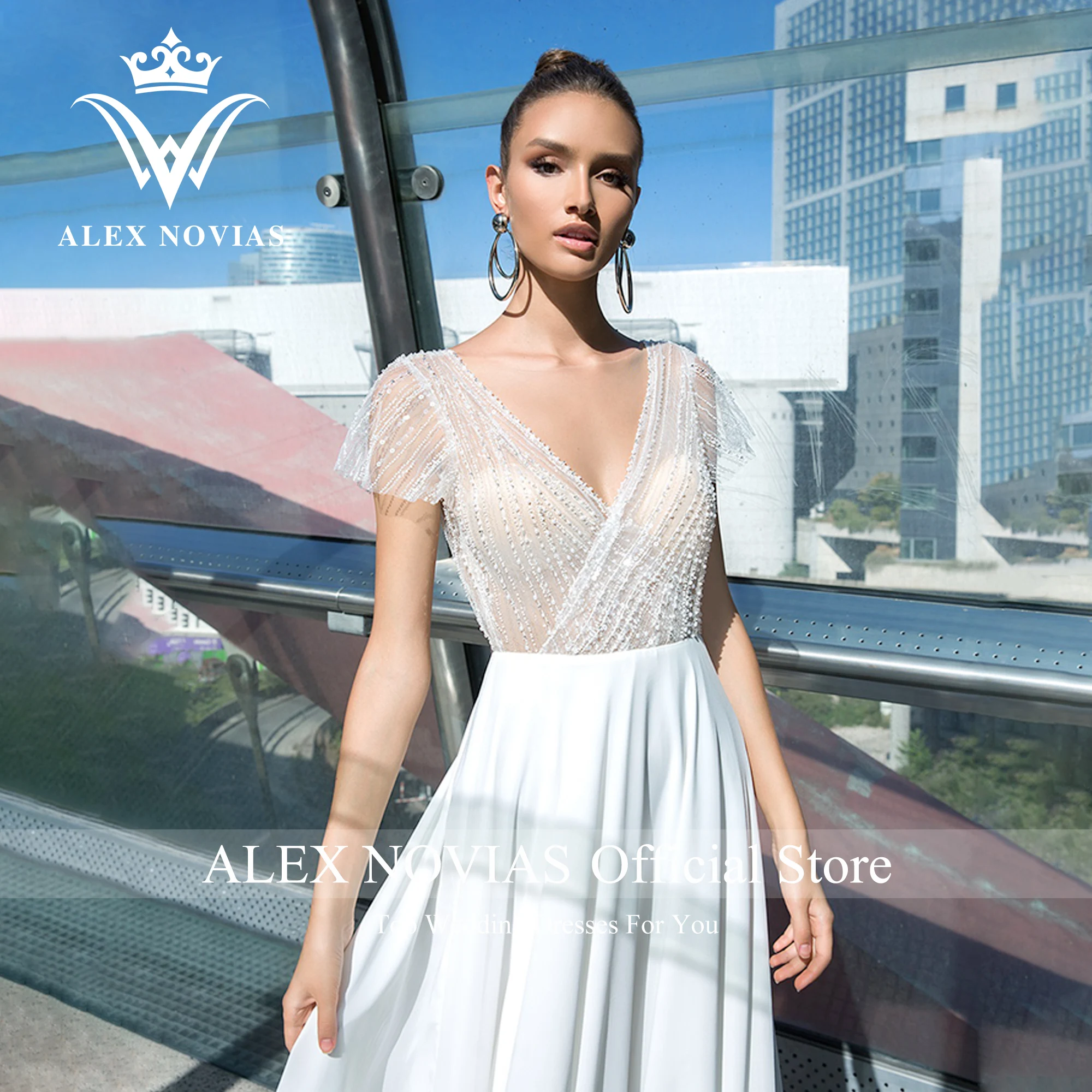 ALEX NOVIAS A-Line Wedding Dresses For Women 2024 Sparkling Short Sleeve V-neck Backless Pretty Wedding Gown Vestidos De Novia