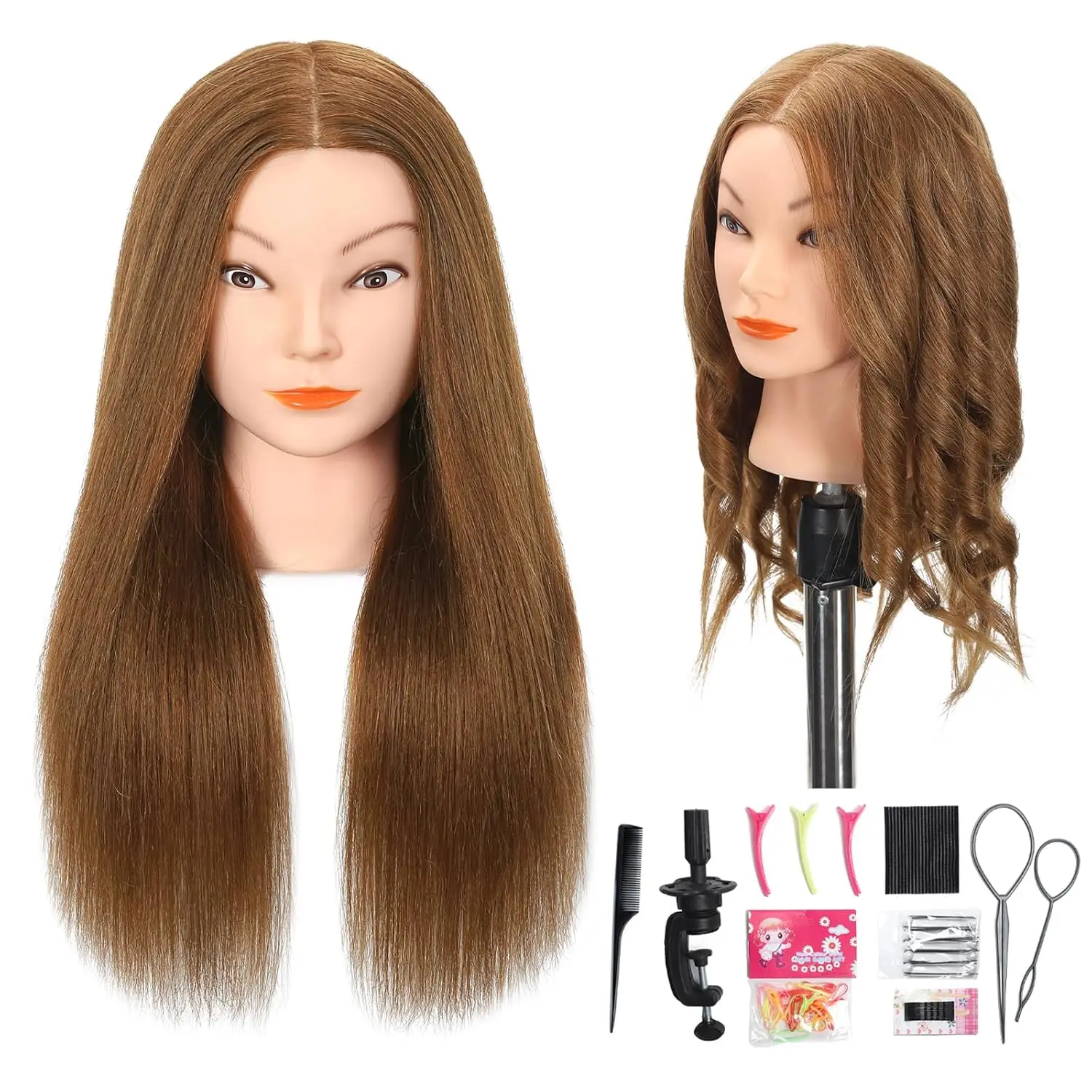 

Real Human Hair Mannequin Head for Hair Styling Practice with Stand and Tools - Light Brown