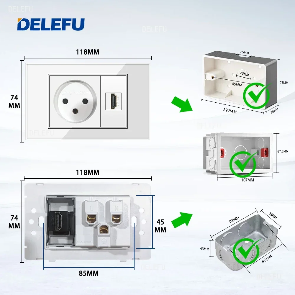 DELEFU White Tempered Glass Israel USB Type C Fast Charging Wall Socket Light Tuya Wifi Smart Switch Sat TV Tel Doorbell Curtain