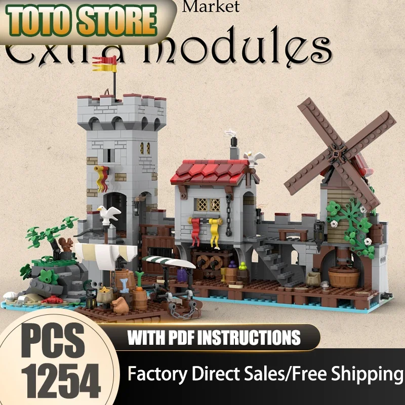 Moc Building Block Medieval Seaside Market Extra Modules Model Technology Brick Assembly  Medieval Toy Construction Holiday Gift