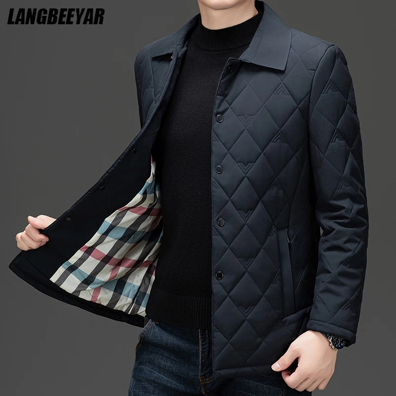 

Top Grade Men Diamond Quilted Bubble Coat Parka Jacket Windbreaker Coats Winter Warmth Middle-Aged Turn-Down Collar Coat