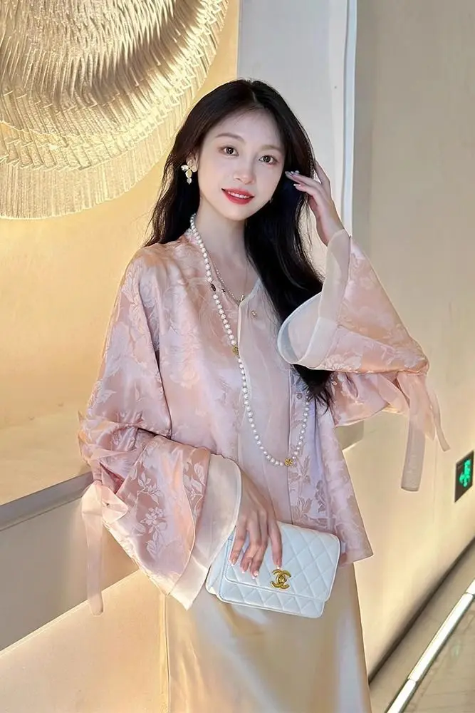 

​​Neo Chinese Cropped Jacket Set 2025 Millennial Pink Satin Skirt Frog Closure Top Oriental Heritage Co ord​​