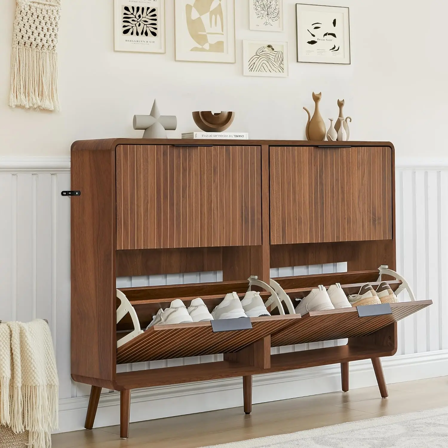 

47" Fluted 4-Drawer Shoe Cabinet,Slim Freestanding Organizer,Narrow Storage Rack for Entryway(All Walnut, 9.45"Dx47.24"Wx35.83"H