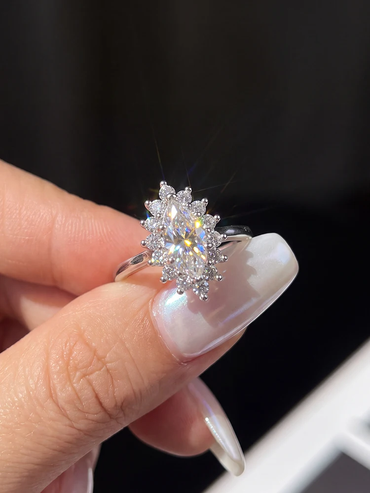 Luxuriöser Ehering mit echtem 1-Karat-Marquise-Moissanit-Diamanten für Damen, ideal für Jahrestage, Hochzeiten und Partys, modischer, personalisierter Schmuck. – Detail 2