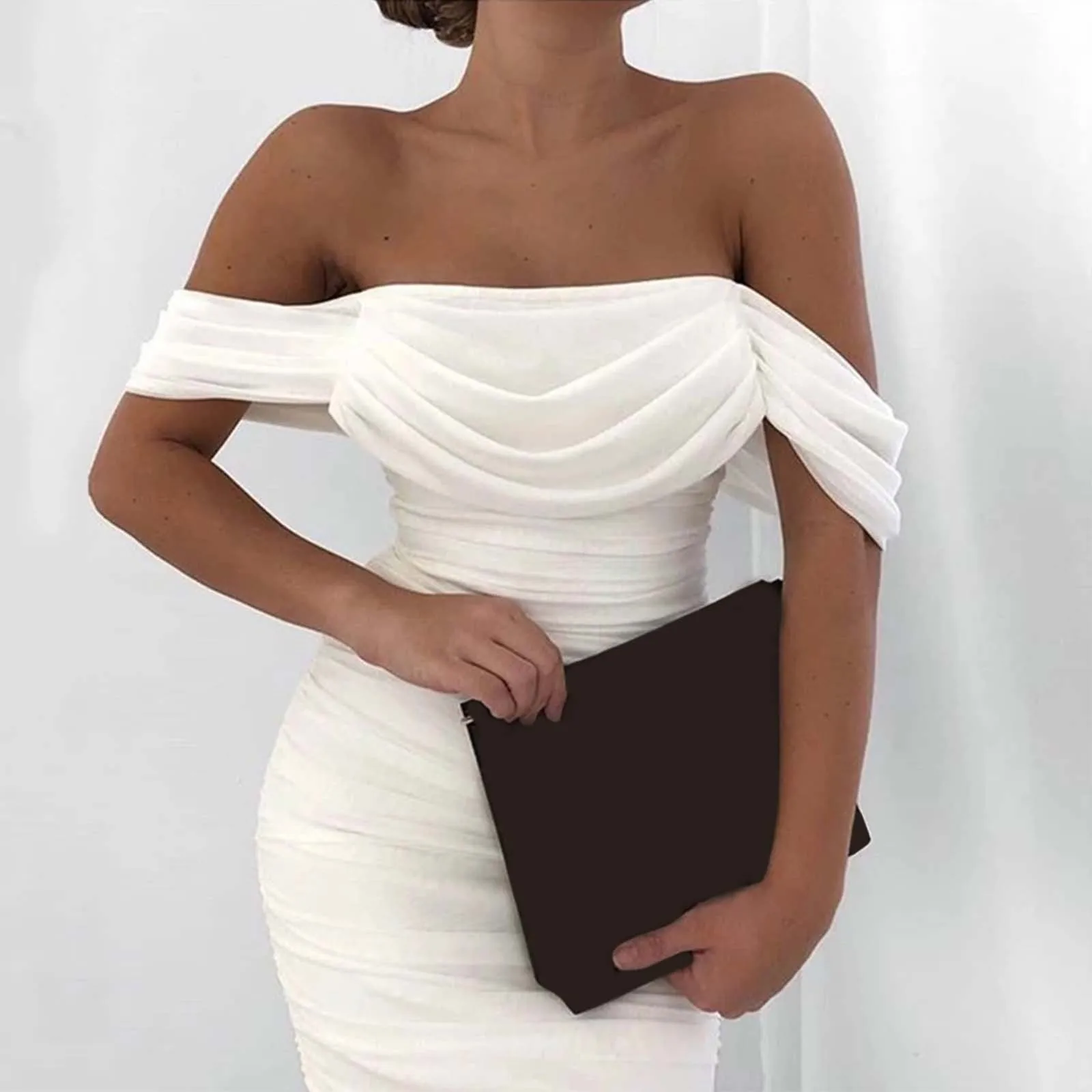 

Fashion Off Shoulder Midi Dress Women Sexy Bodycon Dress Spring Ladies Bandeau White Glitter Sequined Club Party Dress Vestidos