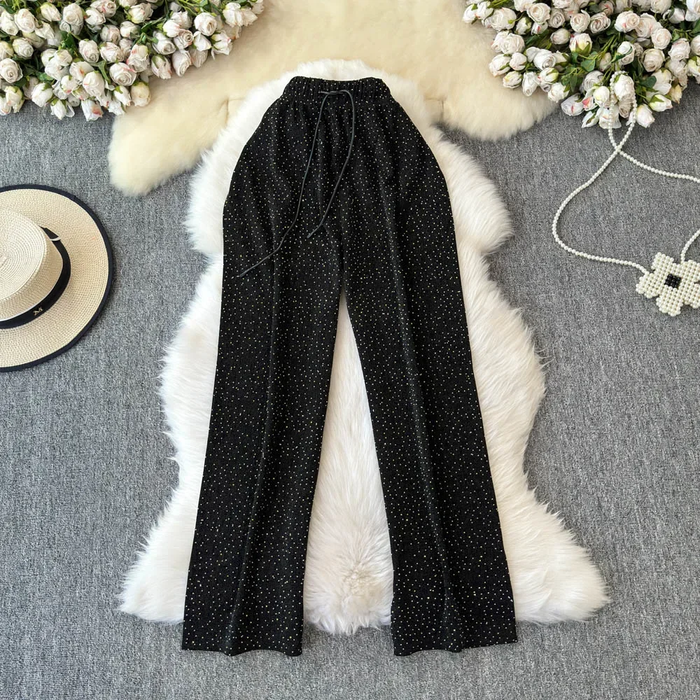 Basics High Waist Lace-up Rhinestone Loose Wide Leg Pants Fashion Streetwear High Street Women Casual Autumn Winter Clothing