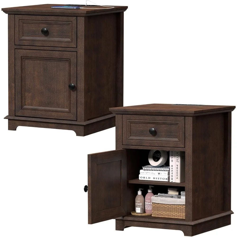 End Tables with Fast-Charge Sets,Side Table with Drawers,Storage Side Tables Living Room, Adjustable Shelf,Nightstands Set of 2