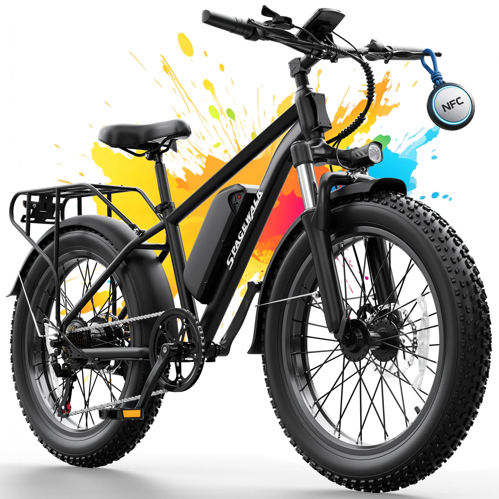 Spacewalk 1500W Peak Motor Electric Bike for Adults 26"x4.0 Fat Tire E-Bike, 48V 15Ah Removable Battery, 28MPH Fast Speed, 60 Miles Range, NFC Unlock, Front Suspension, 7-Speed Mountain Ebike with Rear Rack