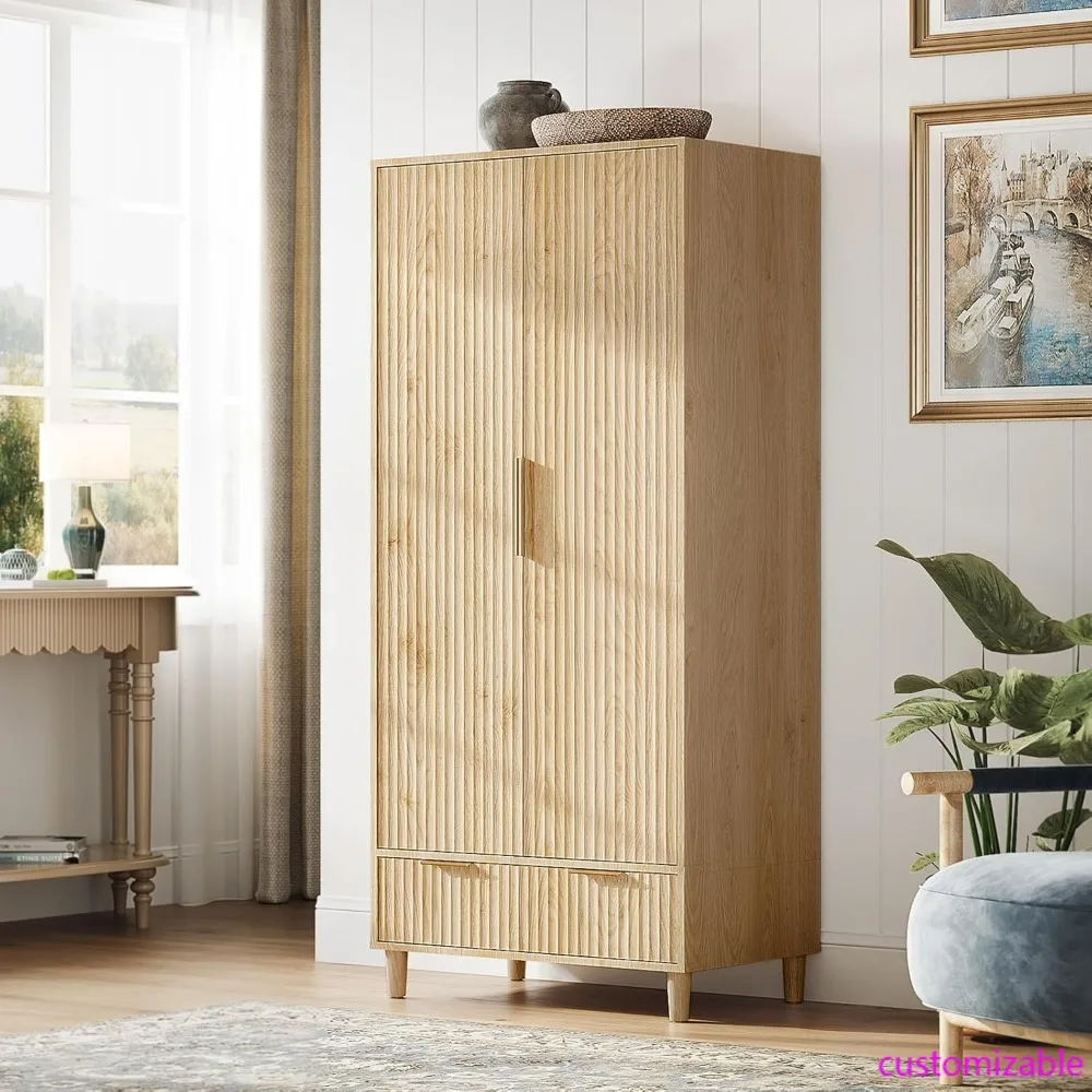 Oak Wood Fluted Wardrobe with Doors, Drawers, and Hanging Rack for Bedroom Storage
