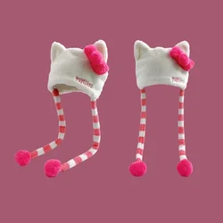 Original Y2k Cute Cat Ears Plush Beanies Caps for Women Autumn and Winter Ins Sweet Girl Lace-up Pullover Loli Hat Skullies