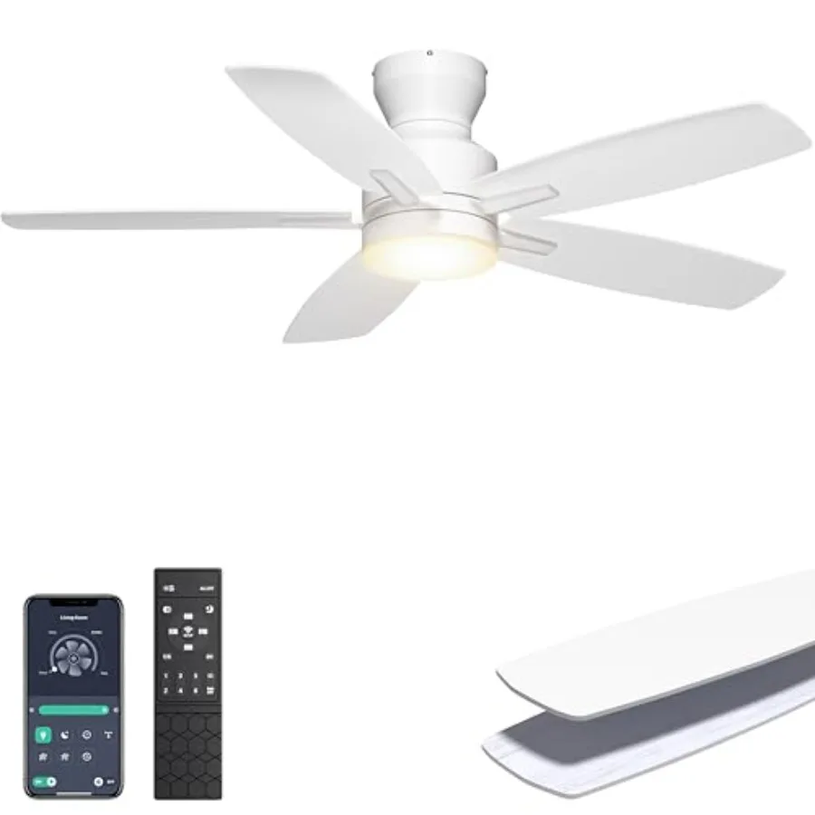 

Ceiling Fans with Lights for Indoor Bedroom Kitchen, 42'' Low Profile Flush Mount Ceiling Fan, White, Dimmable Light with Quiet