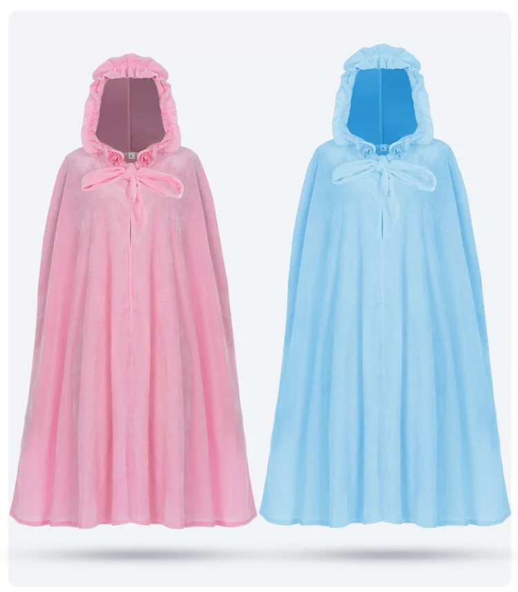 Christmas Girls Pink And Blue Ruffled Trim Hooded Princess Cape Kids Mid Length Warm Winter Cloak Sweet Windproof Outerwear Coat