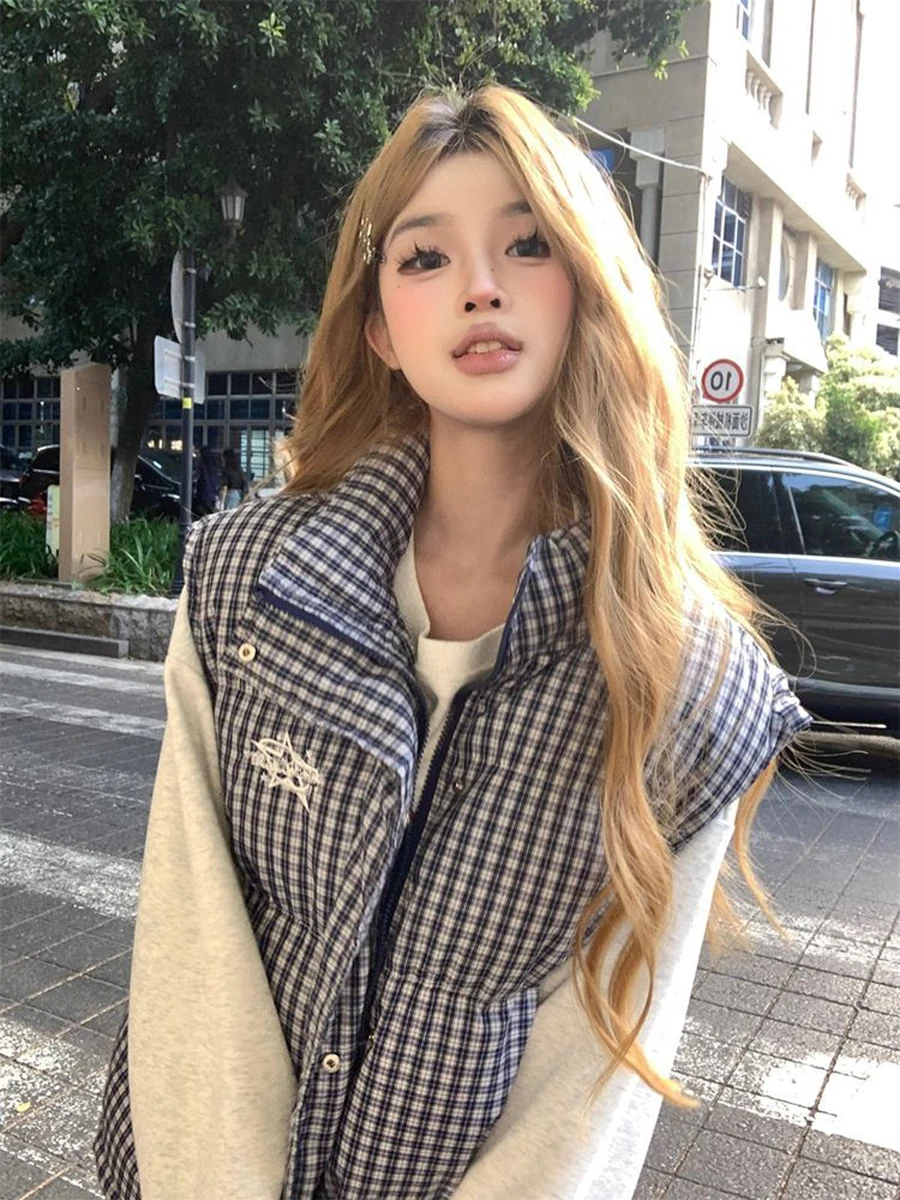 유 자오린 2025 신상 미국 스타일 체크무늬 조끼 여성용 루즈핏 스탠드 칼라 면 폴리에스터 섬유 따뜻한 지퍼