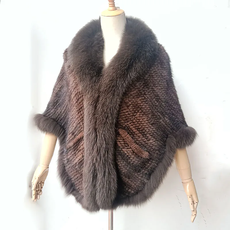 Winter Luxury Genuine Mink Fur Shawl With Fluffy Fox Fur Stripe Women High Qulity Thick Fashion Warm Natural Mink Fur Wrap Shawl