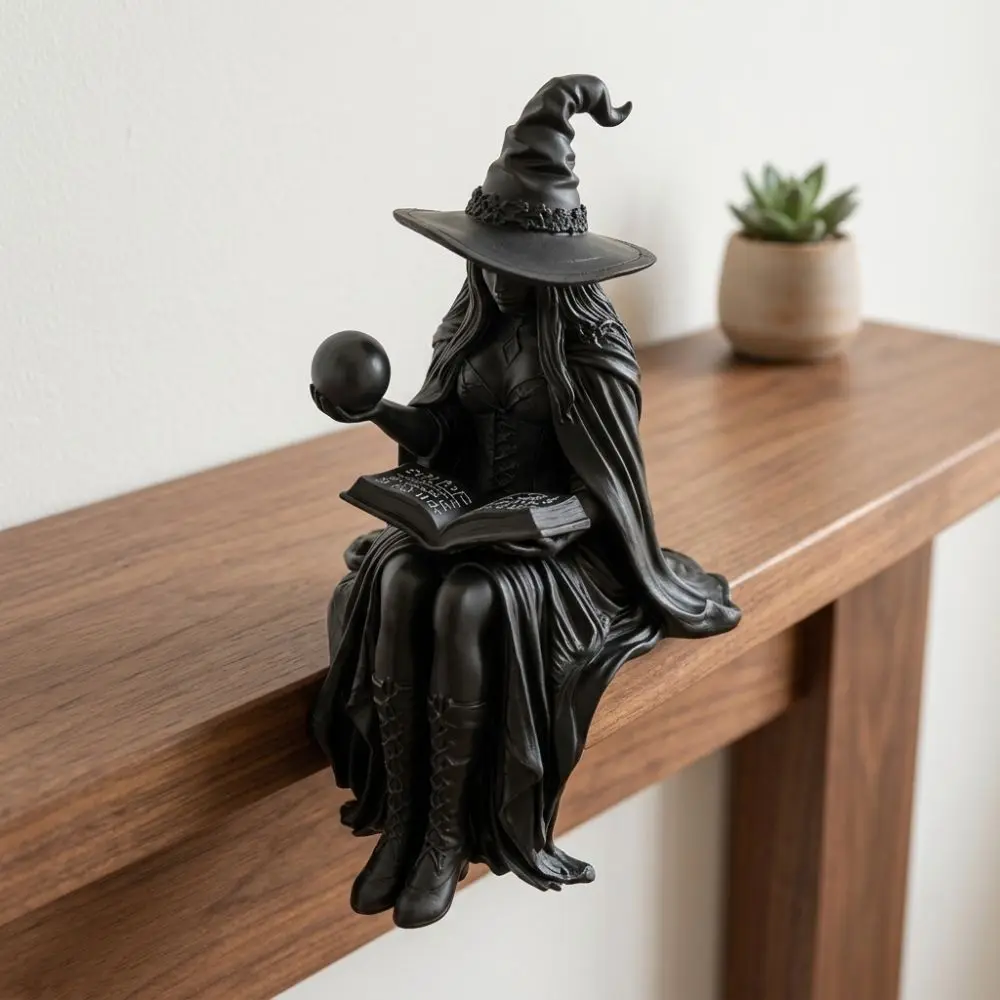 3D Printed Sitting Witch Figurine Vintage Gothic with Book Ball Halloween Witch Shelf Sitter Spooky Dark Aesthetic