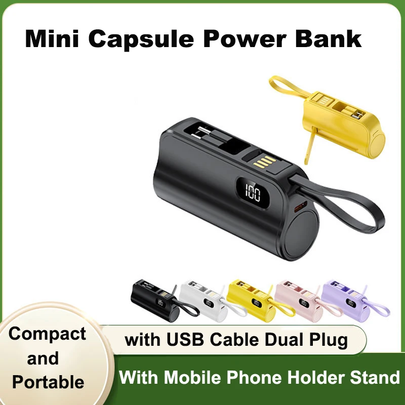 

5000 мАч Mini Capsule Power Bank Внешний аккумулятор с двумя разъемами Быстрая зарядка Портативное зарядное устройство для iPhone 17 16 Samsung Xiaomi Huawei