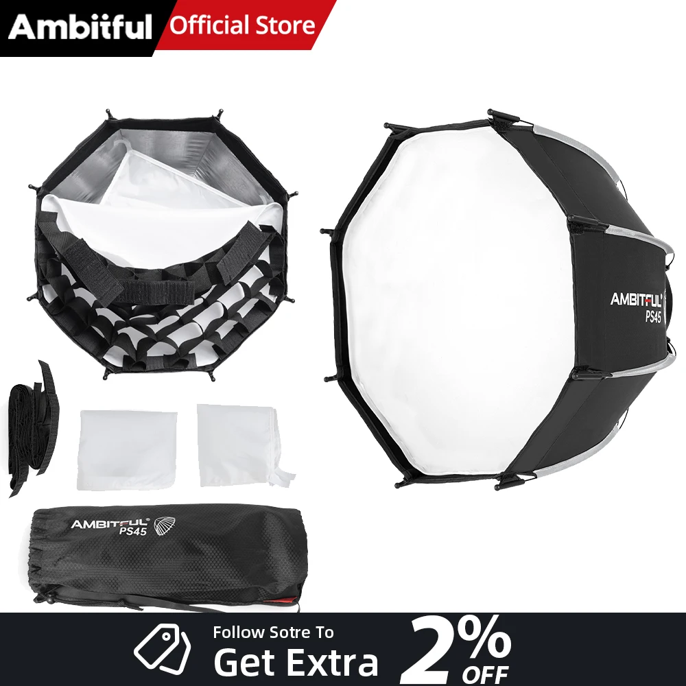 AMBITFUL Softbox de 45 cm con Montura Bowens, Instalación Rápida con Kit de Rejilla, Chuck Reemplazable: Bowens/Elinchrom/Broncolor A/Broncolor B