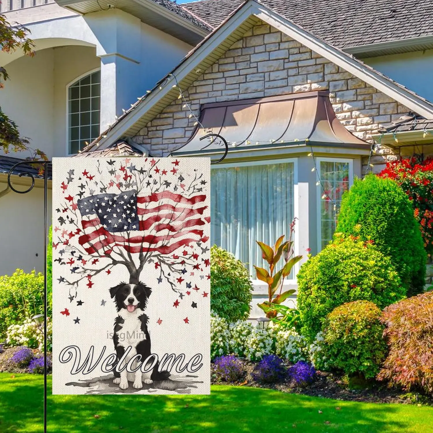 4th of July Border Collie Linen Garden Flag 12x18 Vertical Double Sided Patriotic Red Blue Memorial Day Independence Day Hol PPZ