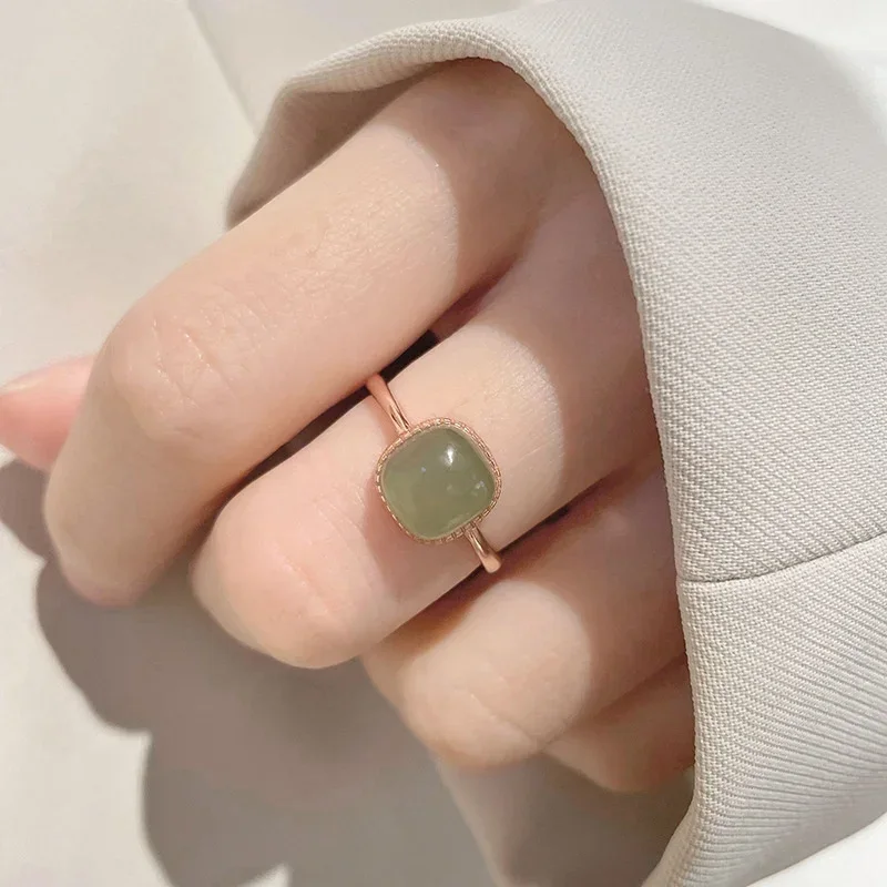 Кольцо Женское Vintage Artificial Jade Square Ring Chinese Style Crystal Geometric Finger Ring For Women Fashion Jewelry 반지