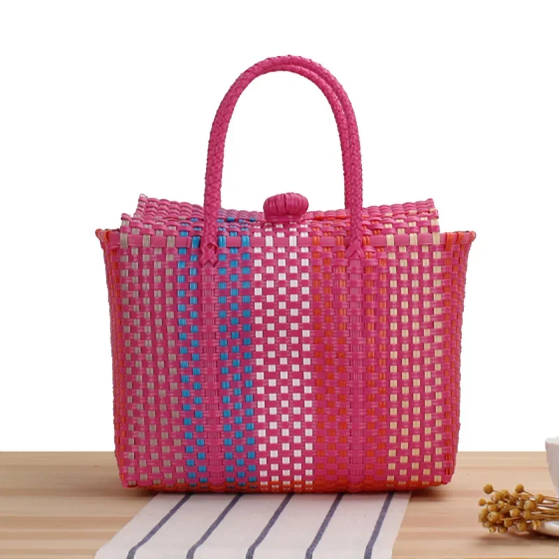 Large Capacity Plastic Woven Tote Bag Hand Woven Plaid Pattern Women's Handbag Summer Travel  Picnic Beach Bag Contrasting Color