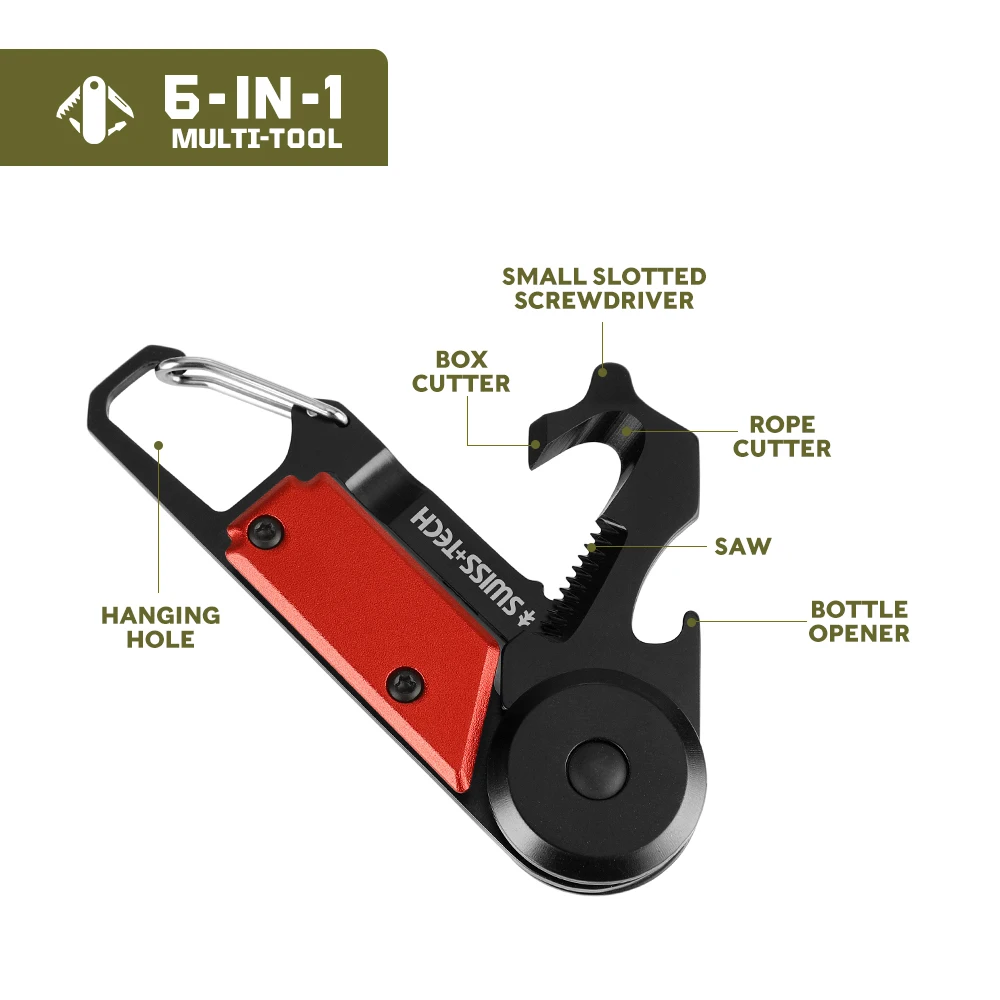 SWISS TECH 6 IN 1 Mini Multitool Carabiner Pocket EDC Hand tools with Cutter Portable Cool Camping Gear Outdoor Hiking Gadgets