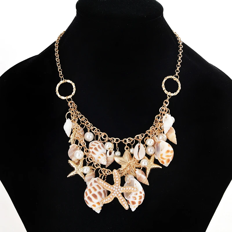 Aihua Böhmen Gold Farbe Imitation Perle Muschel Shell Seestern Halskette für Frauen Halsband Halskette Kragen Sommer Strand Schmuck – Detail 6