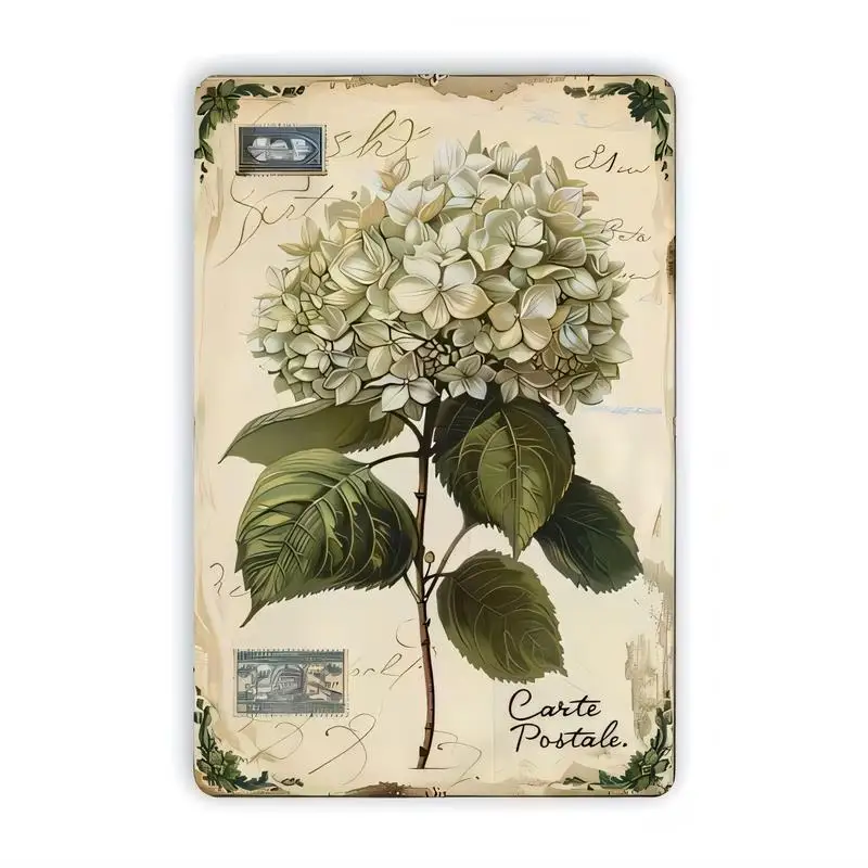 2D Flat Vintage Hydrangea Metal Tin Sign - Retro Carte Postale Botanical Design, Cream/Green, Iron, for Farmhouse, Cafe, Bedroom