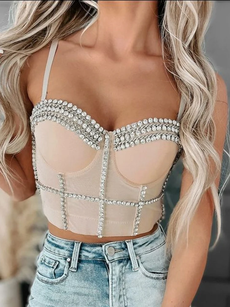 

TARUXY Rhinestone Metal Chain Camis Tops Women Sleevless Elastic Bustiers Corset Crop Tops 2023 Sparkly Nightclub Party Vest Tee