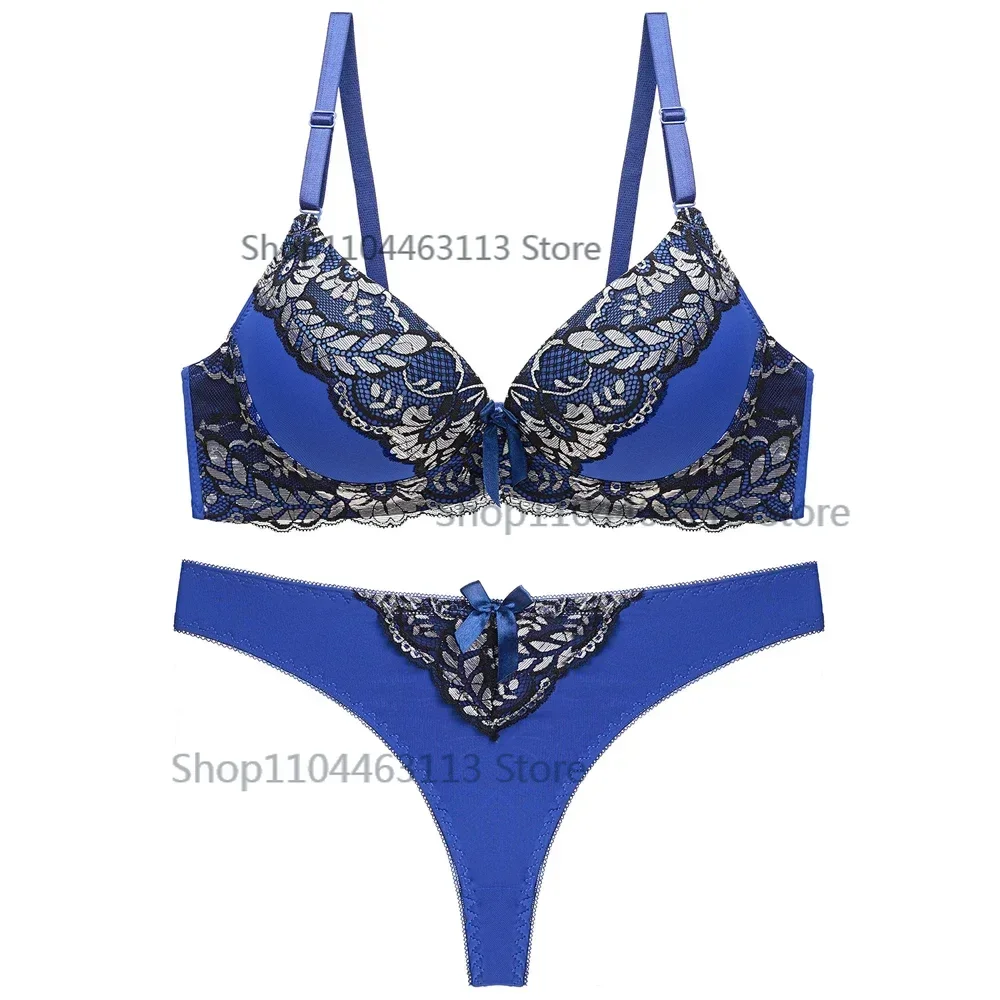 

Sexy Lace Women Push Up Bra Sets Sequins Thongs Bra Brief Sets French Romantic Intimate Underwear Panty Set