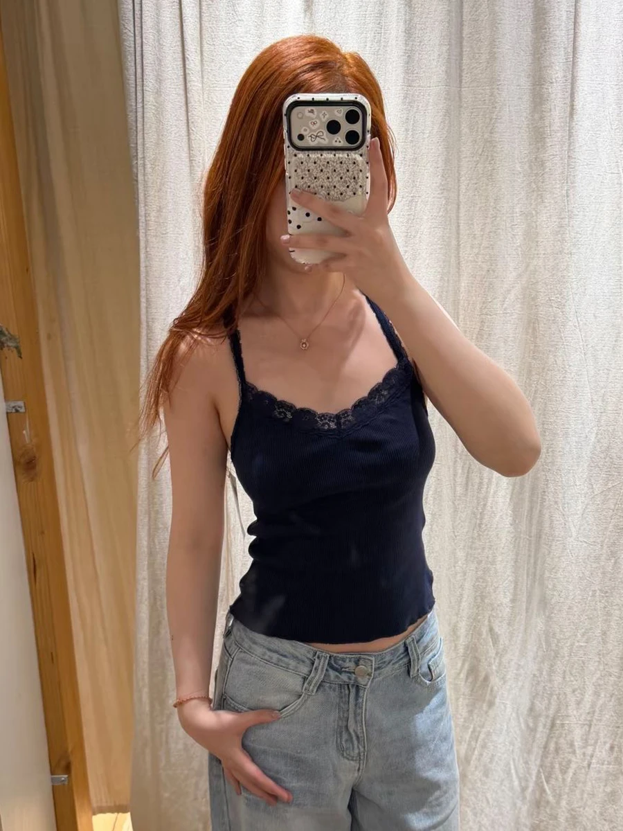 Navy Sexy Backless Tank Top Woman Summer Lace Trim V-neck Cotton Ribbed Slim Crop Tops Female Casual All-match Cropped Camisole