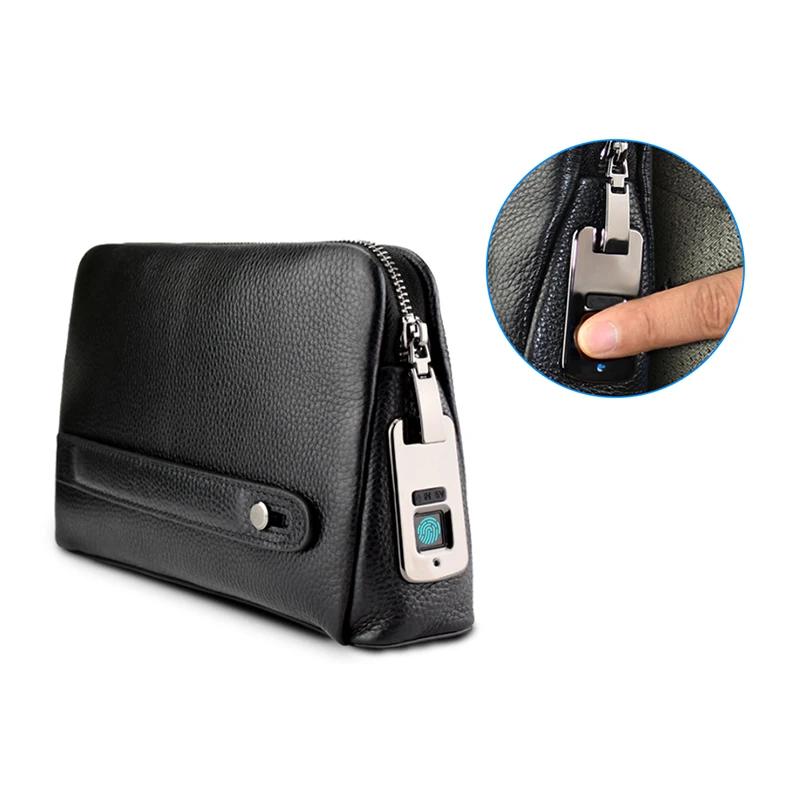 

business handbag made by black GENUINE LEATHER Men Fingerprint Bag with usb charger with zip unlock by finger