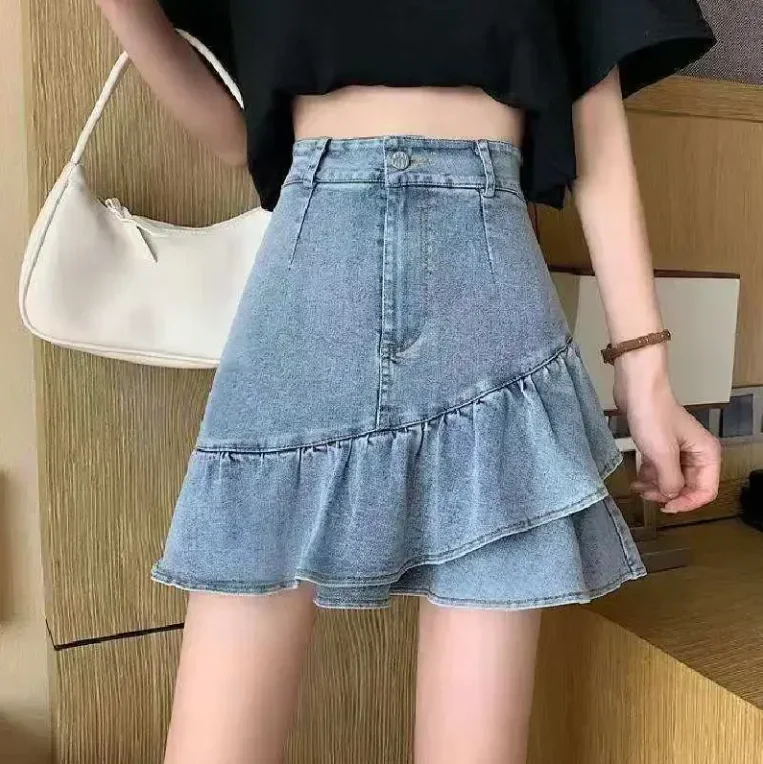 Gonna di jeans da donna Gonna di jeans da donna retrò Gonna di jeans a metà corpo a pieghe a strati a vita alta estiva Abiti midi