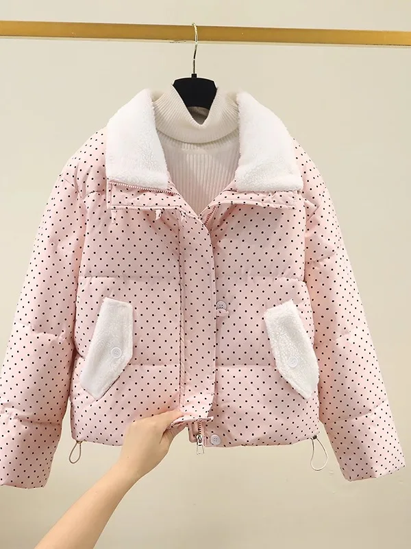 

Утепленная теплая хлопковая куртка для женщин с принтом в горошек, отложным воротником, зимняя верхняя одежда в милом школьном стиле, свободный крой