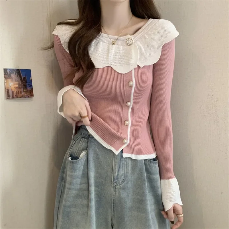 

Women French Vintage Patchwork Knitted Ruffles Streetwear Harajuku Korean Style Long Sleeve Sweaters Knitwear Ins New