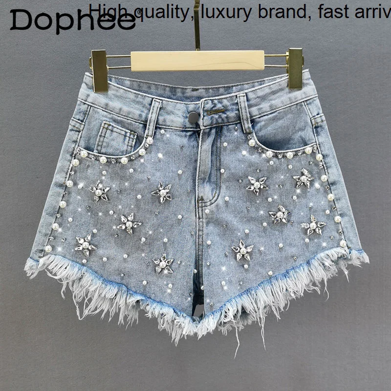 Women Summer Denim High Waist Loose Slimming Beads Diamond Raw Edge Short Jeans A- Line Wide Leg Biker Shorts Hot Pants