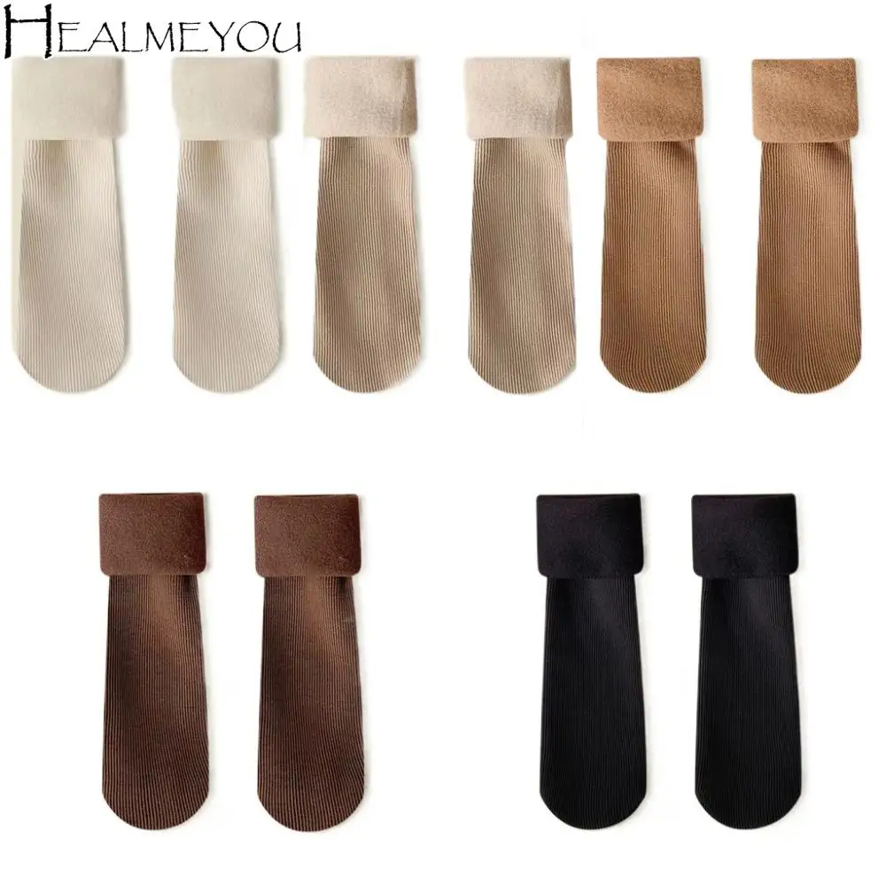 

5 пар утепленных носков в полоску, однотонные простые термоноски средней длины, более толстые зимние носки средней длины для женщин и девочек
