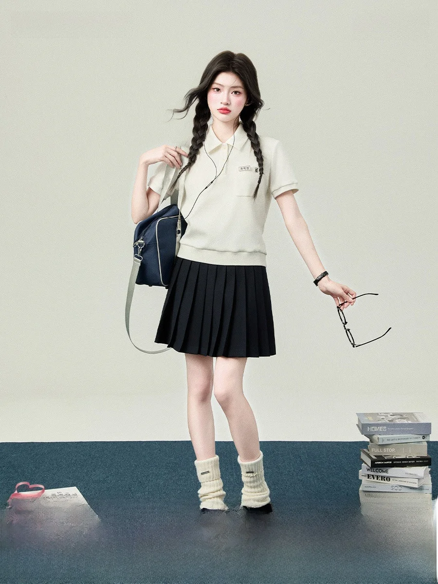 

Original Academy Style Shirt White Short Sleeve Waist-Cinching Summer Top Women's Fashion Casual Wear Chinese Brand
