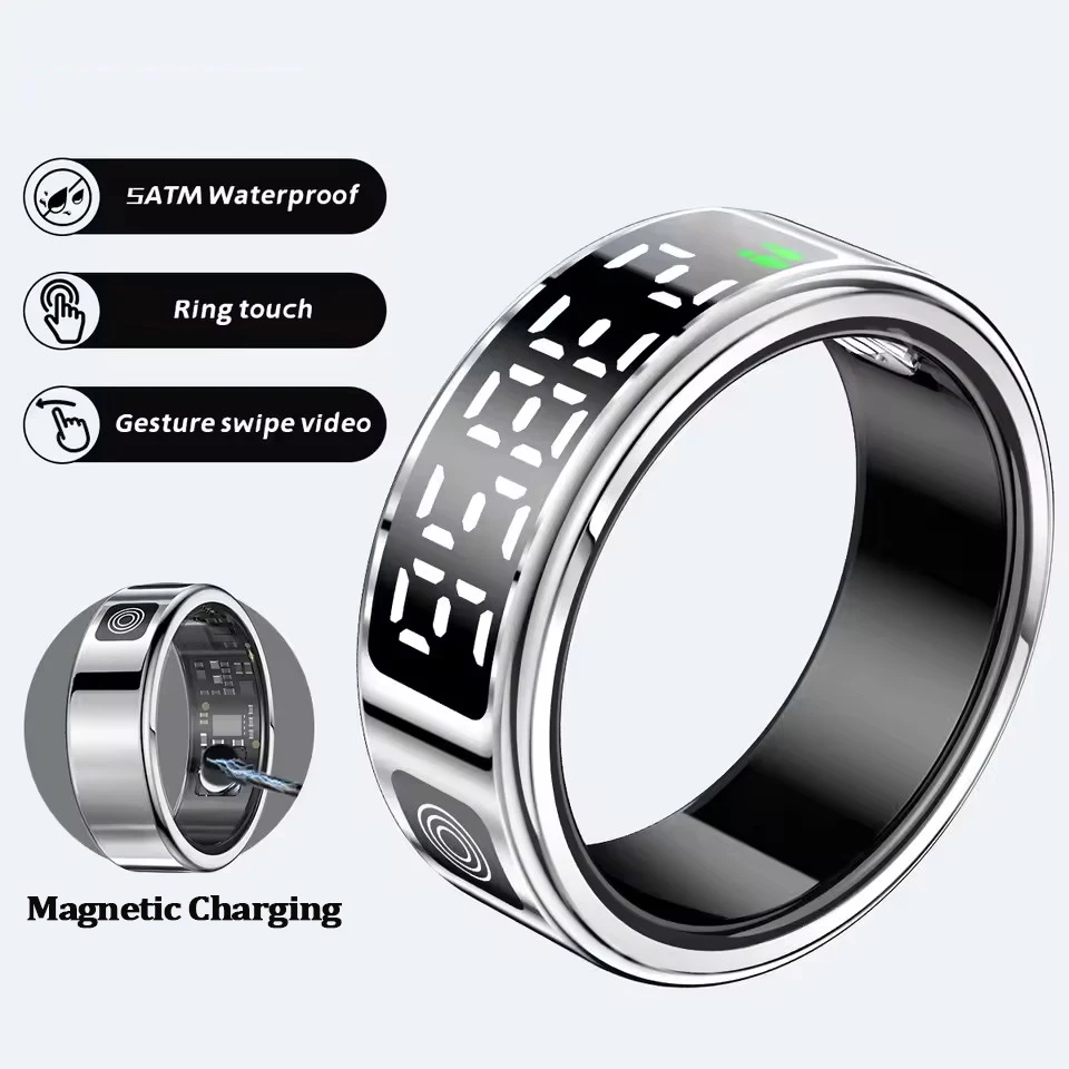 2026 Smart Ring mit Display und Touch-Funktion, kabelloses Laden, Gesundheitsmanager, 5 ATM wasserdicht für Herren und Damen Ringe R12 R11