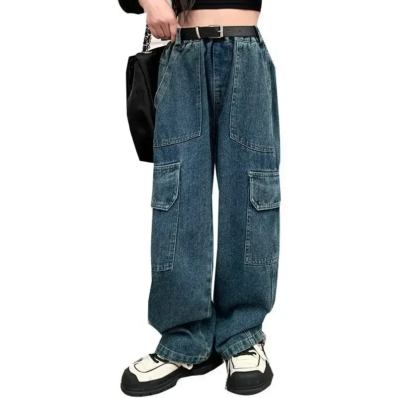 

Модные синие карманные дизайнерские брюки-карго для детей-подростков, повседневные прямые школьные брюки, джинсы-карго для девочек, весна 2025 г.