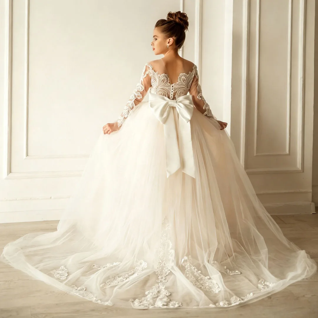 Customized Flower Girl Dress Ivory Tulle Appliques With Removeable Trailing For Wedding Birthday Party Prom Holy Communion Gown