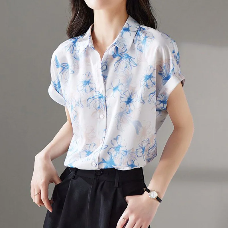 Fashion Korean Turn-down Collar Floral Printing Blouse Summer Clothes Office Lady Single Breasted Loose Chiffon Women\'s Shirt