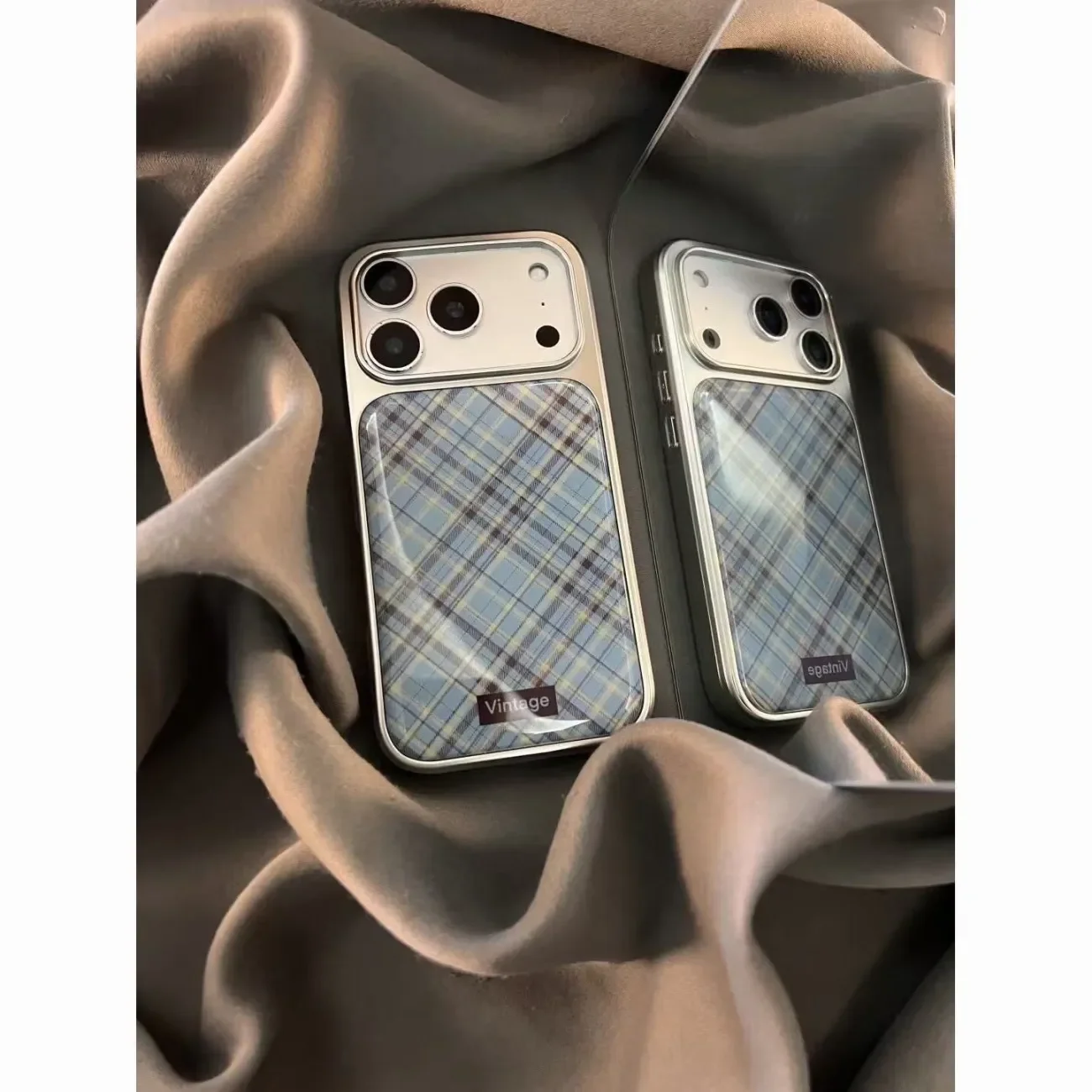 Japanese and Korean Ins Retro Blue Brown Checkered Fashion Phone Case For iPhone 17 16 15 14 13 12 11 Pro Max Plus Y2K Cover view 2