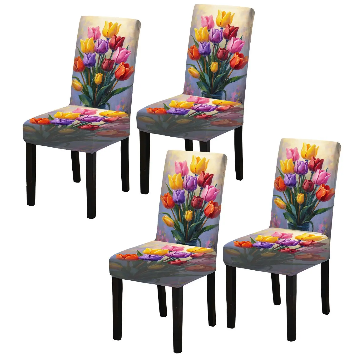 4/6pcs Elastic Dining Chair Cover Multicolored Tulip Bouquet Quiet Elegant Pattern, Home Dining Chair Protective Cover