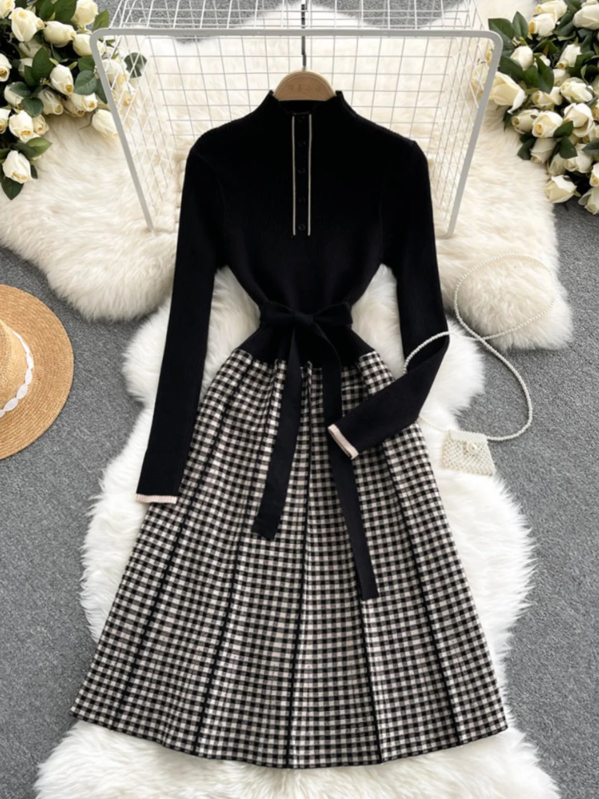 Ofallsis Long Sleeved Knitted Single Breasted Dress 2024 New Slim Fit Stand Up Collar Socialite Temperament Mid Length Dresses