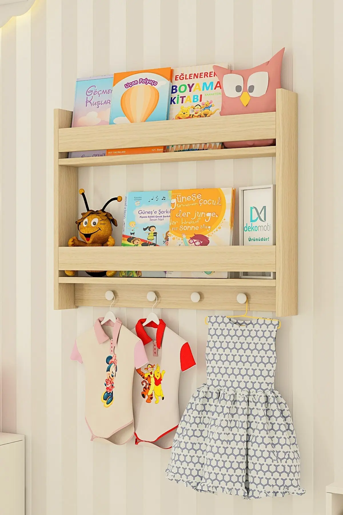 Montessori 2 Shelves Oak Color Outfit Suspenders Child Room Educational Bookcase