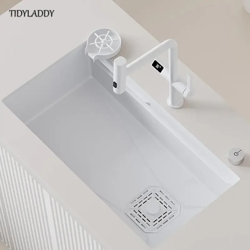 White Stainless Steel Kitchen Sink with New Digital Display Pull-Out Waterfall Faucets Multifuctional Sink Kitchen Accessories