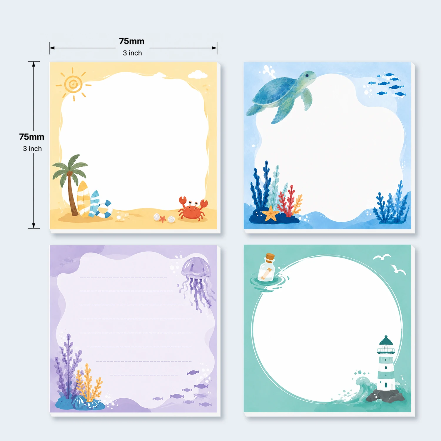 4PCS Ocean Theme Self Adhesive Sticky Notes 200 Sheets Sea Turtle Crab Jellyfish Coral Beach Lighthouse Memo Pads Office School