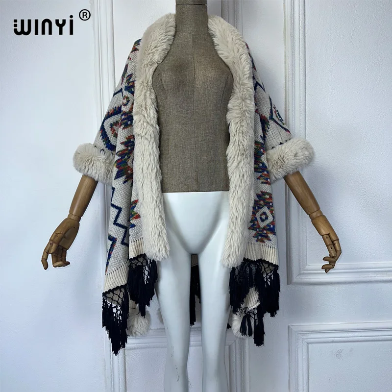 WINYI Winter Afrikanische Strickjacke Druck Abaya Dubai Luxus Outfits für Frauen Fransen Mantel Vorne Offen Kimono Poncho Frauen Winter