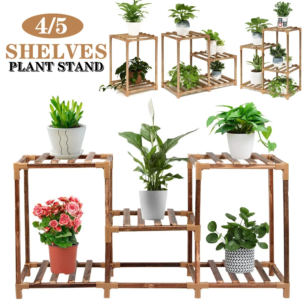 3/4/5-Tire Flower Plant Stand Indoor Outdoor Wooden Plant Shelf, Home Garden Flower Pots Rack Planter Display Shelf Plants Stand